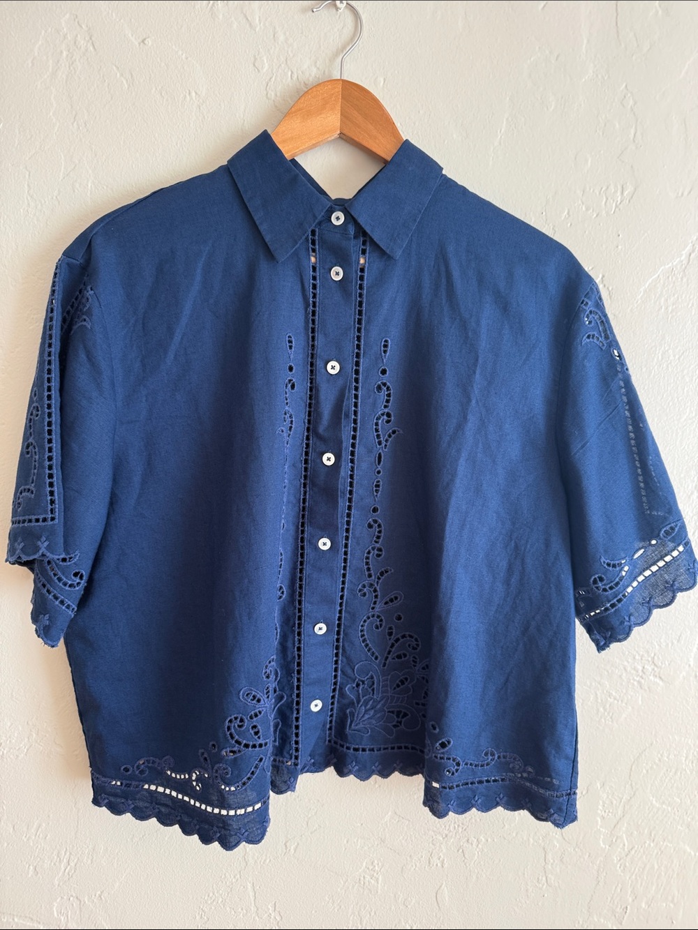 NWT Madewell Linen Cotton Blend Navy Eyelet Cotton Button-Front Shirt